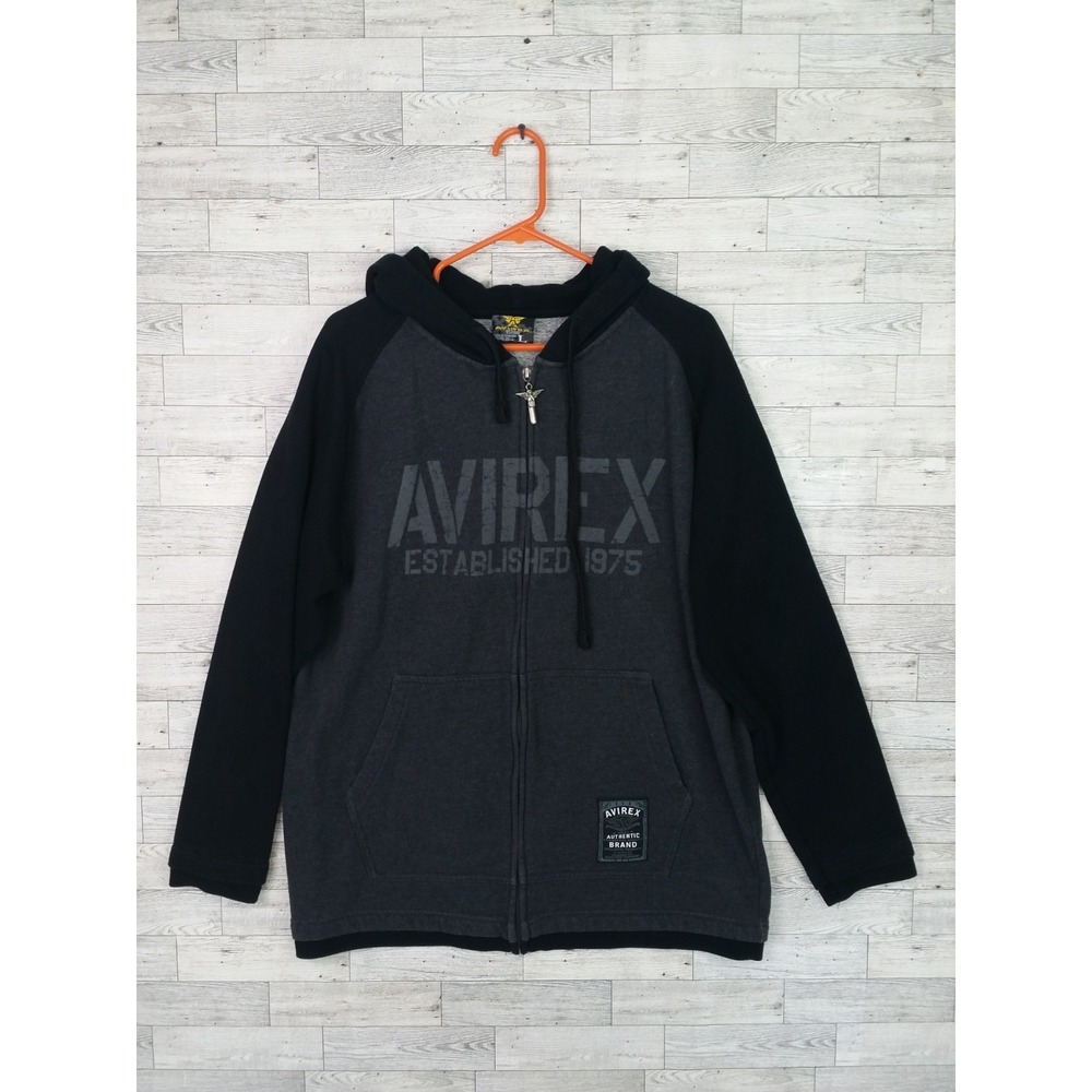 Men's Avirex Full Zip Up Hoodie Jacket Size‎ Large L Black Gray Graphic Front